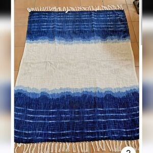 WOVEN ENVOGUE COTTON THROW BLUE OMB FRINGE WHITE TIE DYE PATTERN OCEAN BLANKET